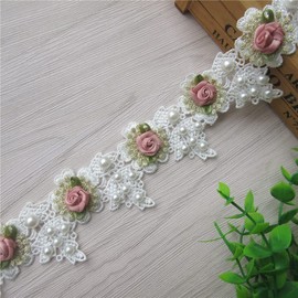 100cm Vintage Pearl Rose Flowers Lace Trim Fabric Rhinestone Embellishment Floral Appliques Lace Ribbon Ornaments Handmade DIY Sewing Craft for Costume Hat Decoration 1.96" Wide (White)