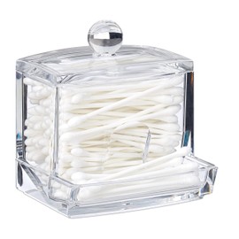 Relaxdays Cotton Swab Storage Box, Acrylic Lidded Organiser, Stick Bathroom Dispenser, Size M, Clear, 10 x 9 x 8cm