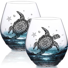 Sea Turtle Wine Glasses Set 2-13.3oz Crackle Teal Design, Hand blown Tortoise Wine Tumbler,Sea Turtle Gifts for Women, Birthday/Housewarming/Christmas Gifts for Sea Turtle Lovers(2Count, Black)