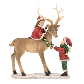 Widdop and Co. - The Seasonal Gift Co. - Victorian Boy & Girl With Reindeer Figurine Christmas Ornament Decoration. White, Green & Brown Xmas Homeware Indoor Festive Holiday Room Decor.