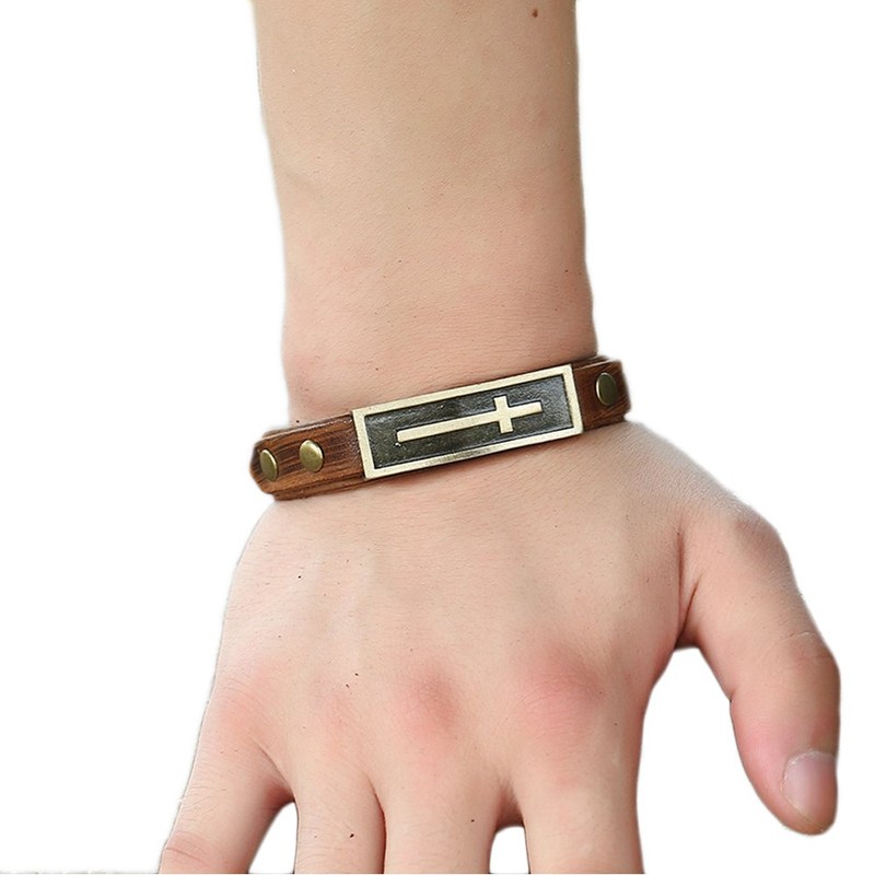 JSEA Vintage Brown Leather Metal Cross Bracelet Bangles Adjustable Men