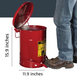 Justrite Justrite 6 Gallon Galvanized Steel Oily Waste Can, 16" x 12" Metal Oil Rag Safety Can With Foot Operated Self-Closing Lid for Oil Rag Disposal, Made in the USA, Red, 09100