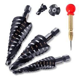 Hakkin 3pcs M35 Cobalt Step Drill Bit for Metal 1/8"-7/8"(34 Step), Three Spiral Flute Step Drill Bit Set & Automatic Center Punch, 1/4" Hex Shank Industrial Grade HSS Unibit Step Drill Bit for Wood