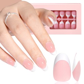 AILLSA French Tip Press On Nails,180 Pcs Short Almond French Gel Nail Tips Pink,Pre-Applied Primer & Base Coat,No Need File French Tips,Fake Nails for Nail Art DIY 15 Sizes