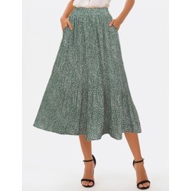 Oyamiki Women's Long Polka Dot Skirts with Pockets High Waisted Maxi Skirt for Holiday Daily Work Green S