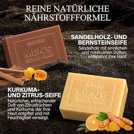 Pack of 4 Natural Men's Soap, Handmade Exfoliating Soap, Deep Cleansing, Refreshing, Moisturising Soap for Body and Face - Sandalwood, Amber, Mint, Charcoal, Turmeric