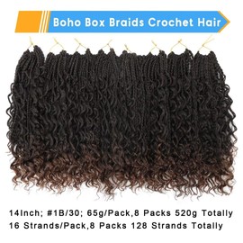 Iluadme 8 Pack Bohomian Box Braids Crochet Braids14 Inch Crochet Boho Box Braids With Curly Ends Ombre Goddess Box Braids Crochet Hair Synthetic Crochet Hair Extensions T30(14inch,8packs,T1b/30)