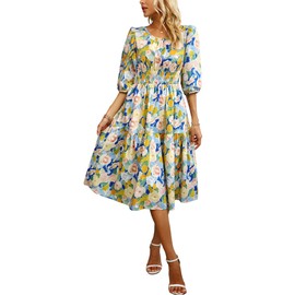 Kormei Women Summer Casual Boho Floral Round Neck 3/4 Sleeve Smocked Waist Tiered Flowy Swing Midi Dress S Blue/Yellow