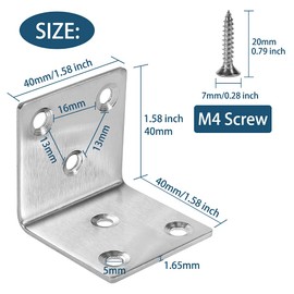 Stainless Steel Angle 40 x 40 mm, Angle Connector 90 Degree L Brackets Corner Angle with Screw for Furniture Table Chair Bookshelf Cabinets Wall Mounting Attachment (Pack of 10)