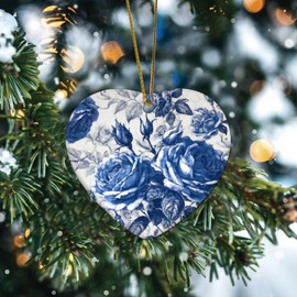 Blue and White Porcelain Floral Christmas Tree Ornament Floral Plant Botanical Wildflowers Heart Keepsake Gift Ceramic Rustic Blue Flower Fresco' Souvenir for Indoor Home Decor