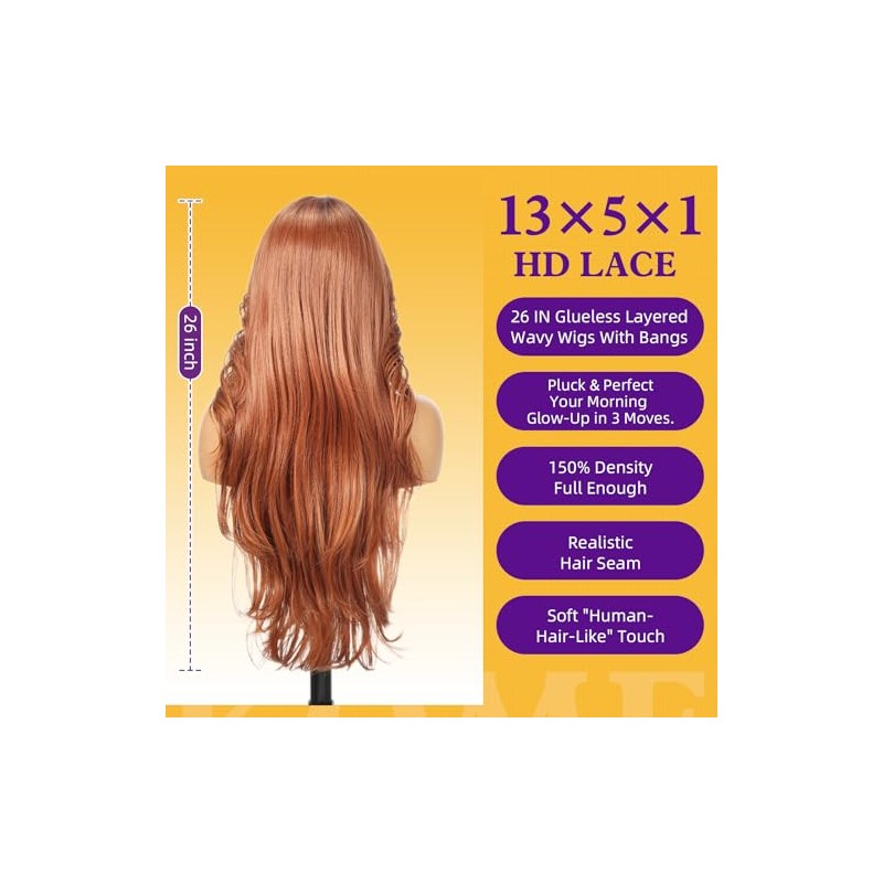 KOME Peluca sintética castaña con encaje frontal, parte en T,