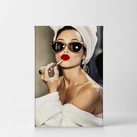 Smile Art Design Audrey Hepburn Style Red Velvet Lips Canvas Print Lipstick Makeup Iconic Pop Art Beauty Colored Wall Art Living Room Vintage Wall Decor Ready to Hang Made in USA - 17x11