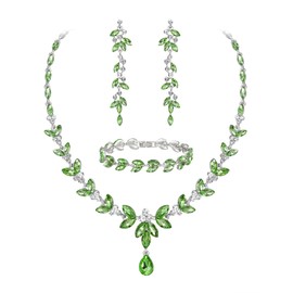 EVER FAITH Austrian Crystal Bridal Necklace Dangle Earrings Tennis Bracelet Set for Wedding Party, Elegant Rhinestone Leaf Jewelry Sets for Women Light Green Silver-Tone