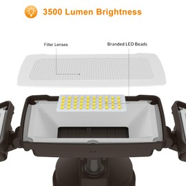 LEPOWER 3500LM Dusk to Dawn LED Security Lights Outdoor, 35W Outdoor Flood Light with Photocell, 5500K, IP65 Waterproof 3 Head Exterior Light for Garage, Patio, Yard（Brown）