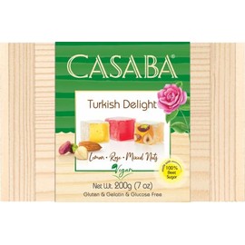Casaba Rose, Lemon & Mixed Nuts Turkish Delights, A Delicate Mix of Traditionally Made Rose, Lemon and Mixed Nut Filled Delights. Gelatin & Gluten Free, Suitable for Vegans, 200g Wooden Box