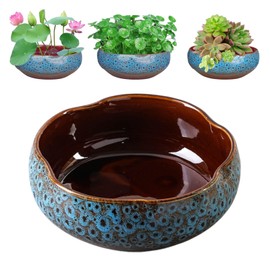 Ceramic Lotus Bowl Planter, Lotus Pots for Water Plants Indoor, Large Caliber Flow Glaze Non-Porous Hydroponic Container,Succulent Pots, Leak-Proof Design (Blue Peacock Pattern) 8.07in*2.83in