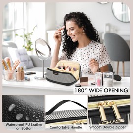 DOSUKE Travel Makeup Bag, Large Capacity Cosmetic Bags for Women, Water-Resistant Portable Travel Toiletry Bag Skincare Bag Stuff for Women with Handle and Divider Open Flat PU Bottom