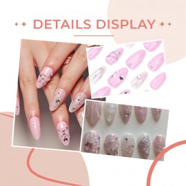 24Pcs Water Ripple Relief Shell Press on Nails Medium Almond Fake Nails Silver Butterfly with Star Rhinestones Design Acrylic Nails Manicure False Nails Pearl Line Artificial Nails for Women Girls