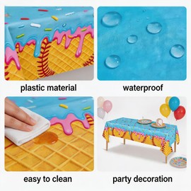 2 Pieces Ice Cream Drip Baseball Party Tablecloth, Plastic Cute Birthday Tablecloth, 54 x 108 Inch Disposable Table Cover for Girls Birthday Party, Summer Picnic, Sports Themed Party