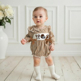 CEHEDDO Newborn Baby Girl Football Outfit Bubble Romper Ruffle Long Sleeve Onesie Plaid Bodysuit Fall Clothes (Coffee, 0-3 Months)