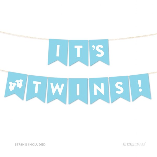 Andaz Press Boy Baby Shower Hanging Pennant Garland Party Banner with String, Baby Blue, It's Twins!, 5-Feet, 1-Set