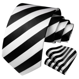 HISDERN Black & White Ties for Men Striped Tie and Pocket Square Set Formal Classic Elegant Necktie & Handkerchief for Business Wedding Party