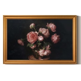 ARPEOTCY Large Gold Framed Canvas Wall Art, 24x36 Inch, Vintage Peony Floral Art Prints, Classical Still Life Decor for Dining Living Room Above of Bed, Dark Moody Farmhouse Decor