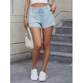 Famulily Women's Vacation Shorts Summer Trendy Y2K Cotton Linen Wide Leg Cute Shorts Blue S