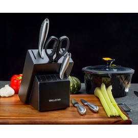 12 Slot Kitchen Knives Block, WELLSTAR Natural Wood Knife Holder without Knives – Hard Wood Countertop Knife Storage with Built-in Knife Sharpener - Black