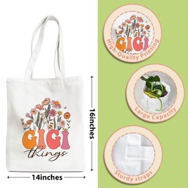PQV Gigi Gifts Grandma Gifts Grandma Birthday Gift Appreciation Tote Bag Grandmother Gift for Women Nana Gigi Retro Flower Beach Bag Reusable Grocery Bags for Retirement Shopping Christmas