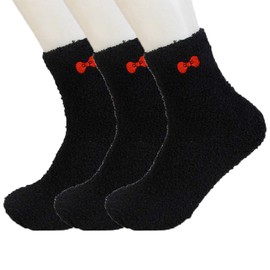 ELLITE Womens Premium Soft Fuzzy Solid Stripe Winter Warm Microfiber Crew Socks- Bow, Black 3 Pairs