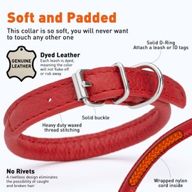 Dogline Soft and Padded Rolled Round Leather Collar for Dogs W1/4" - L8"-10", Red