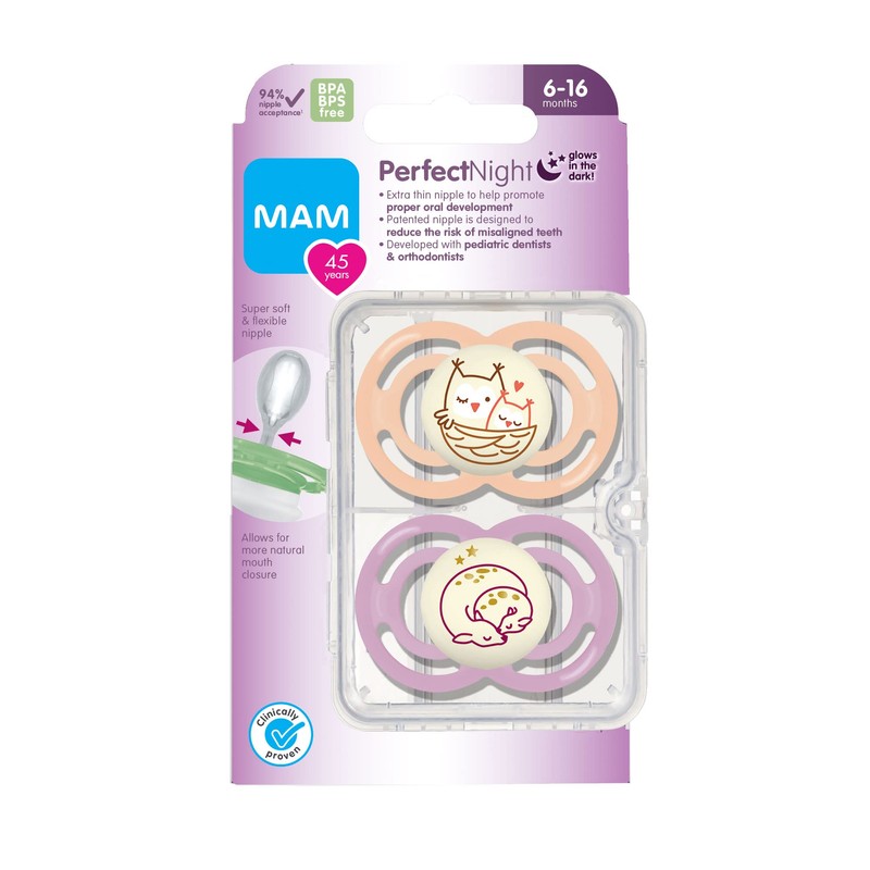 MAM Perfect Night 2 Piece Baby Pacifier, Girl, 6+ Months