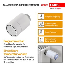 EMOS GoSmart Heizkörperthermostat mit App, programmierbarer ZigBee Smart Home Thermostat, einstellbare Hysterese, kompatibel mit Tuya, Smart Life, Alexa, Google Assistant, 5,5 x 9,4 cm