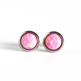 Opal Stud Earrings - Hypoallergenic Surgical Steel Studs - Protection Crystal - October Birthstone (Pink)