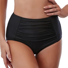 LAPHEE ROSE High Waisted Bikinis for Women Bathing Suit Bottoms with Tummy Control Ruched Black Full Coverage-M
