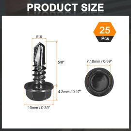 sourcing map 25Pcs #10 x 5/8" Self Drilling Screws, 410 Stainless Steel Self Tapping Screws for Metal, Black Zinc Plated, Hex Washer Head Sheet Metal Screw