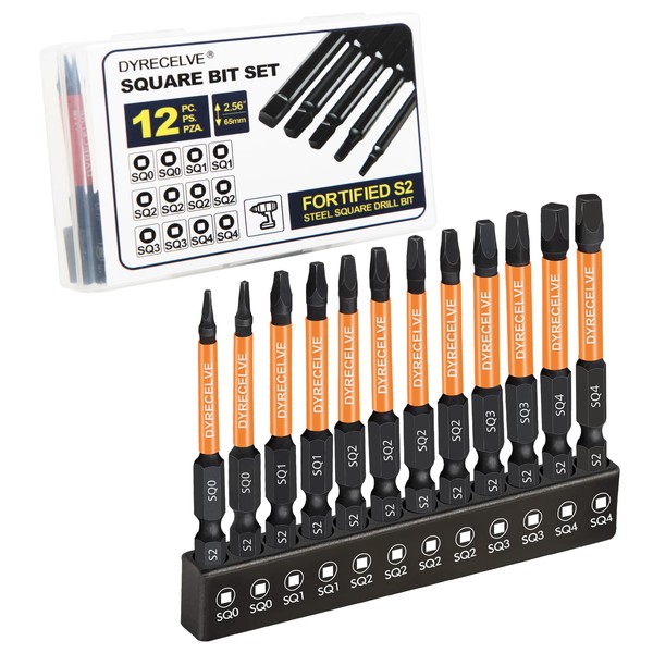 12-Pack Square Drive Bits- Premium S2 Alloy Steel Square Bit Set Magnetic Heads- Robertson Square Drill Bit Set (Long 2.55"& Hex Shank) Square Head Screwdriver Sizes #0, 1, 2, 3, and #4