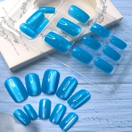 24Pcs Blue Press on Nails Short Square Fake Nails Glitter Full Cover Glue on Nails Reusable Acrylic Artificial Nails Glossy Design French False Nails Stick on Nails for Women Manicure Decorations Tips