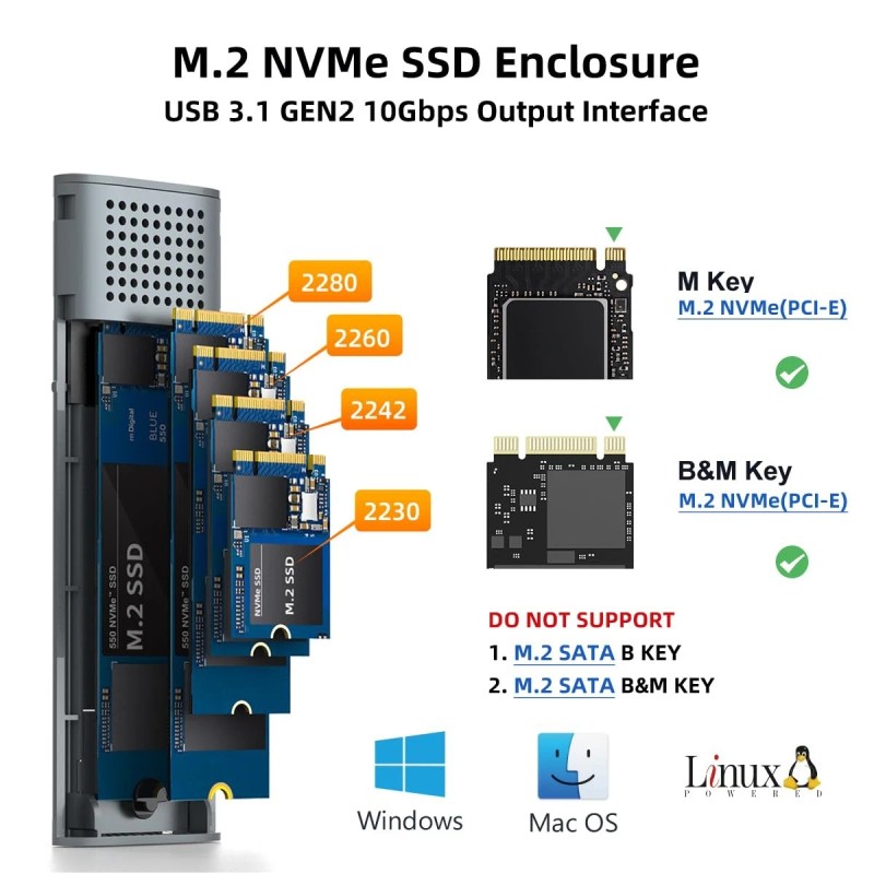 Maiwo M.2 NVMe SSD Enclosure USB 3.1 GEN2 10Gbps Support