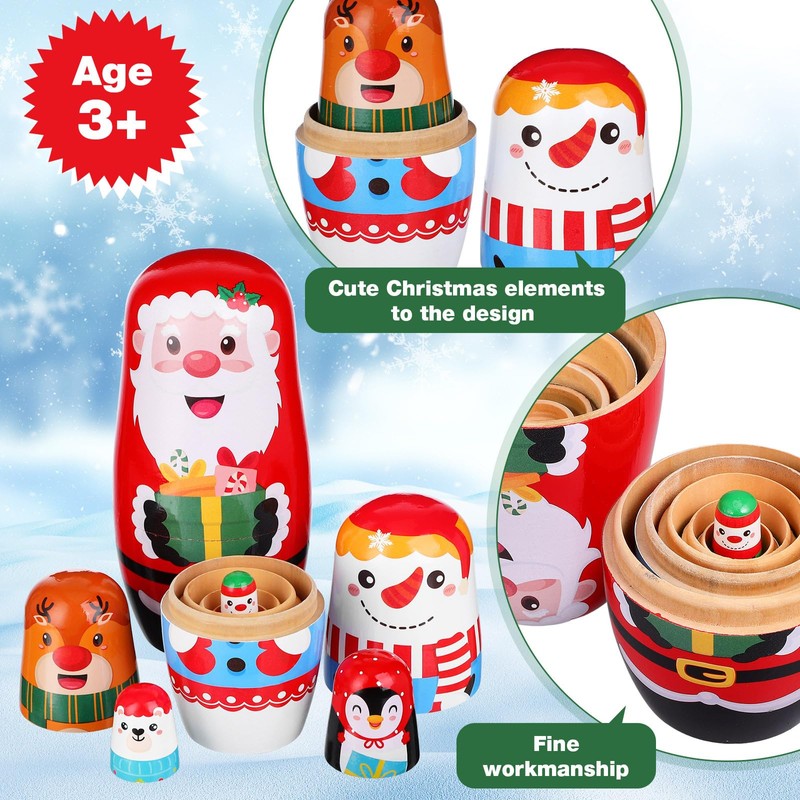 AOKWAWALIY Pack of 6 Wooden Christmas Matryoshka Dolls, Russian Nesting