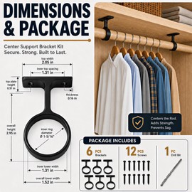6 Pcs 1 5/16 Inch Diameter Round Wardrobe Closet Rod Suspended Center Support with 12 Installation Screws and 2mm Drill Bit, Heavy Duty Ceiling Mount Curtain Rod Holders for Home Wardrobe, Black