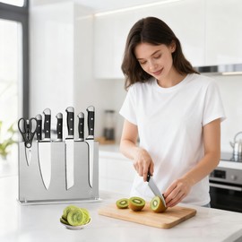 Kirumie Magnetic Knife Holder, Stainless Steel Magnetic Knife Block with Sharpener, Double Sided Strong Magnet Knife Storage for Kitchen Counter, Anti-movement Suction Cup Base
