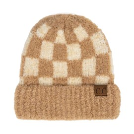 C.C Unisex Warm Soft Recycled Yarn Skully Beanie, Checkered Beige/Camel