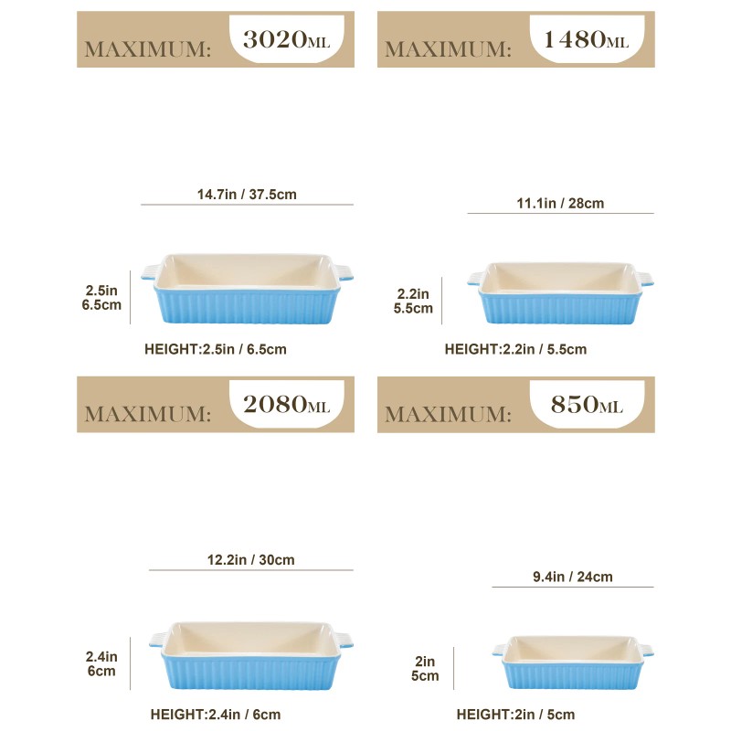 MALACASA Porcelain Baking Dish Set of 4 Bakeware Set Rectangular/Ov