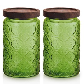 TkoYuHm 2 pack Decorative Mason Jars with Wooden Lids Colored Glass Kitchen Canister for Coffee Tea Cookie Airtight Vintage Food Storage Container with Embossed Floral Pattern (Green Crabapple, Large)