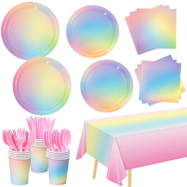 169 PCS Rainbow Party Decorations Disposable Paper Plates, Napkins, Cups, Cutlery, Tablecloth Pastel Rainbow Birthday Decorations for Girls, Baby Shower, Serves 24