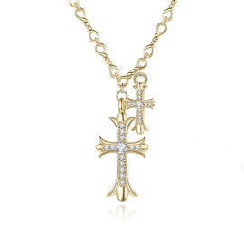 Gold Plated Double Cross Pendant with Clear Cubic Zirconia Crystal Rhinestone Religion Cross Necklace Fashion Jewelry Gift for Adult Women & Men (Gold Cross)