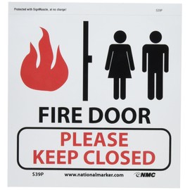 NMC S39P Fire Sign, Legend "FIRE DOOR - PLEASE KEEP CLOSED" with Graphic, 7" Length x 7" Height, Pressure Sensitive Vinyl, Black/Red on White