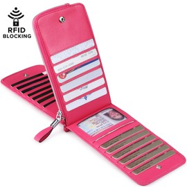 Huztencor Women's Credit Card Holder RFID Blocking Leather Multi Card Organizer Wallet Slim Long Zipper Bi-fold Business Card Case Clutch Wallet with ID Window Pink (FBA)